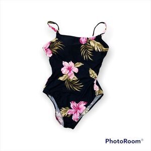 Floral Leilani Black Hibiscus Print High Cut One Piece Swimsuit size 10
